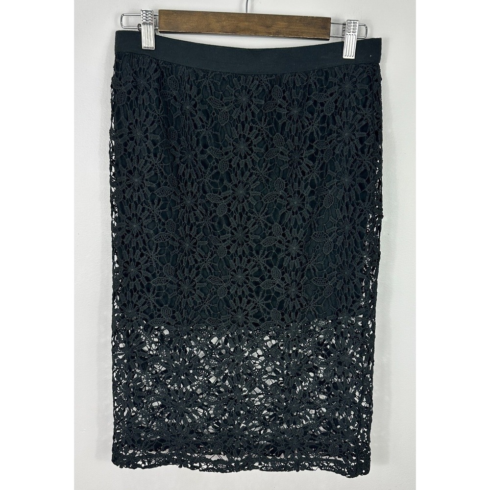 Jessica Simpson Lace Midi Skirt Womens Medium Black Floral Crochet Pencil Skirt